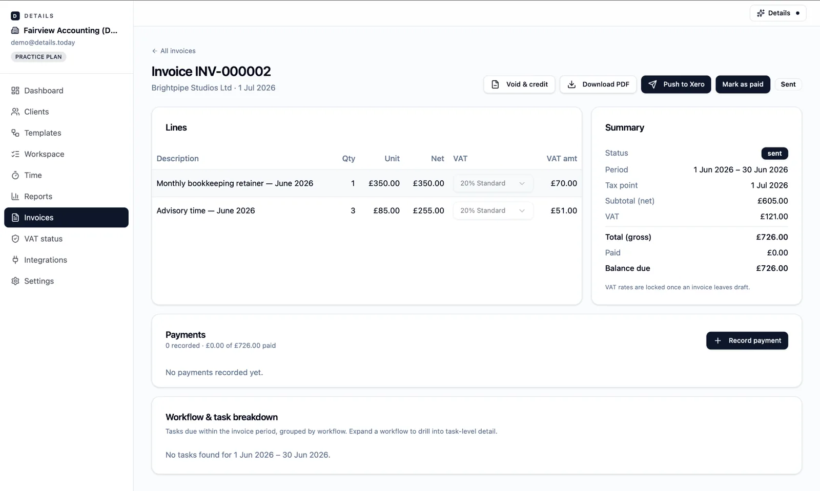 Invoice INV-000002 for Brightpipe Studios showing two VAT-standard lines, subtotal, VAT and gross total in GBP.